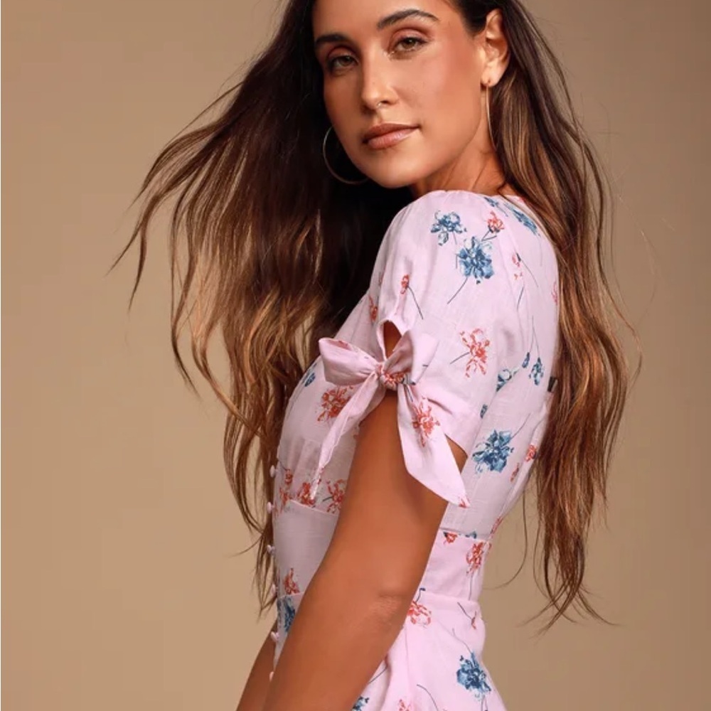 LULU'S Lilly Light Pink Floral Tie Sleeve Dress NWT S LG - Picture 10 of 15